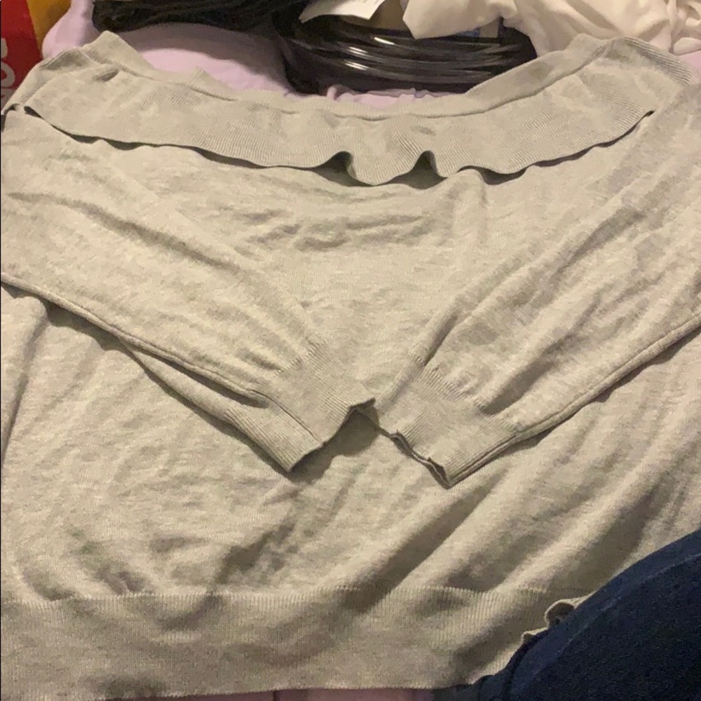Gray frill off shoulder sweater